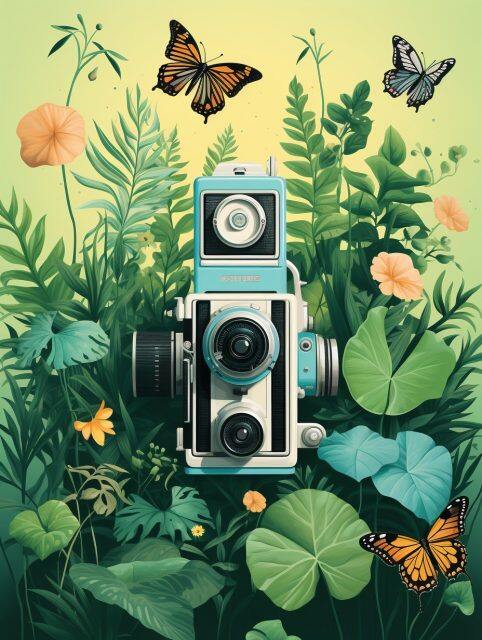 ailab.design_Old_camera_covered_with_green_leaves_butterflies_f_c9c86dab-8dc8-46d7-b451-e85e097b26a1