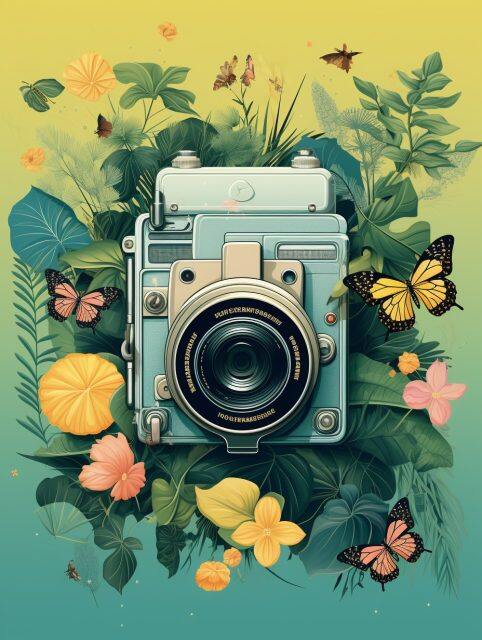 ailab.design_Old_camera_covered_with_green_leaves_butterflies_f_d45c2c0e-606f-4018-b6c8-ea5fdde08911